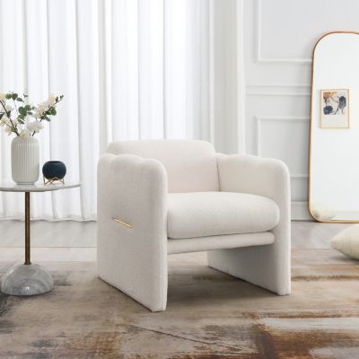 Woven Metal Accent Armchair in White Teddy Fabric