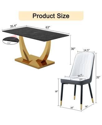 Table and chair set.Modern rectangular dining table with black textured stickers glass tabletop and gold plated metal legs.Paired with 4 comfortable chairs with PU seats and black metal legs.