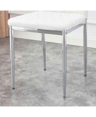 Table and chair set.A rectangular dining table features with tempered glass top and sleek white MDF stand.Paired with 6 PU chairs with checkered armless high back and electroplated metal legs.