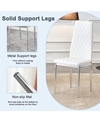 Table and chair set.A rectangular dining table features with tempered glass top and sleek white MDF stand.Paired with 6 PU chairs with checkered armless high back and electroplated metal legs.