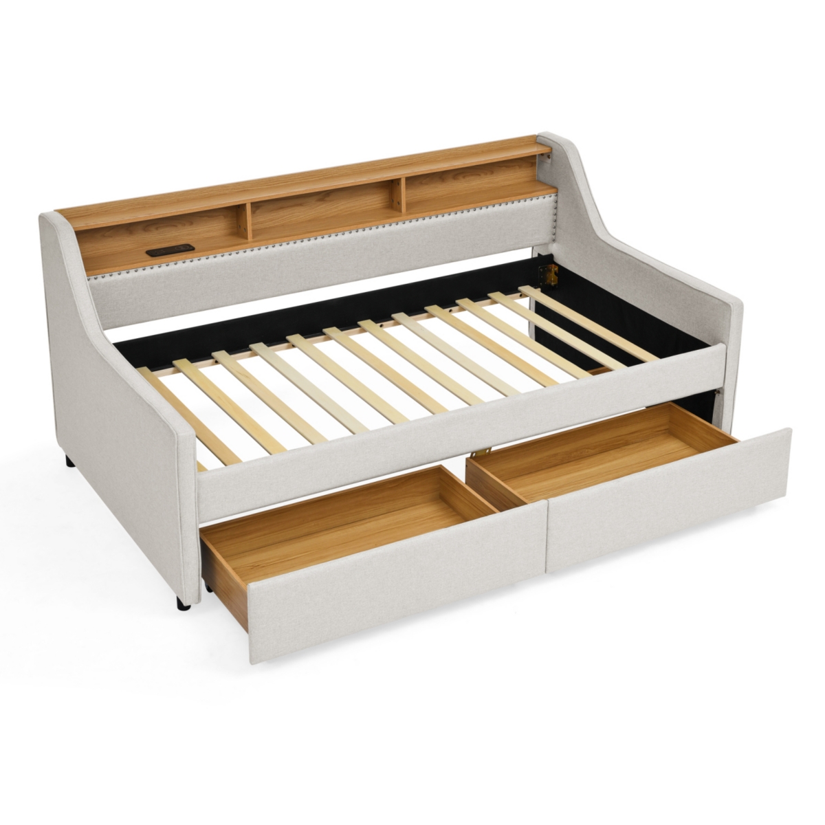 Streamdale Furniture Twin Size Upholstery Sofa Bed with Three Led lights, with Storage Adjustable Headboard, with Two Storage Pull Up drawers and Wire