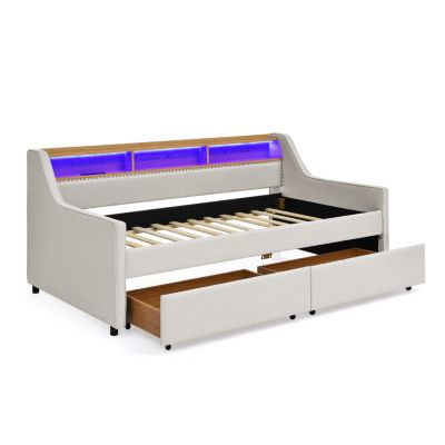 Upholstered Sofa Bed with LED Lights, Storage, and Adjustable Headboard