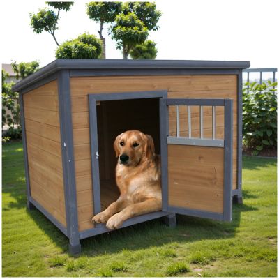 Spacious Solid Wood Dog House with Breathable Doors