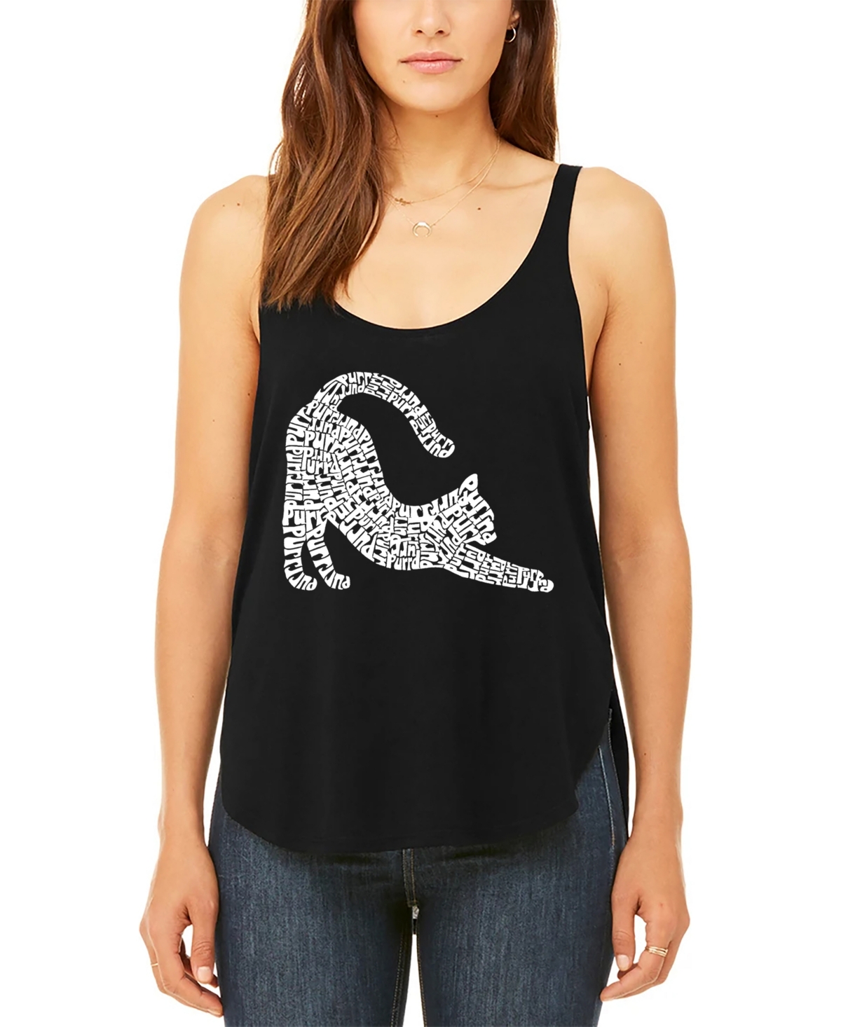 LA POP ART WOMEN'S STRETCHING CAT PREMIUM WORD ART FLOWY TANK TOP 