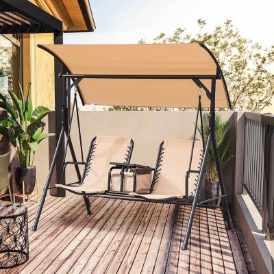 2-Seat Patio Swing Chair, Outdoor Canopy Swing Glider with Pivot Storage Table, Cup Holder, Adjustable Shade, Bungie Seat Suspension and Weather Resistant Steel Frame, Beige