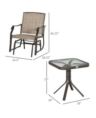 3 Piece Outdoor Glider Chair with Coffee Table Bistro Set, 2 Patio Rocking Swing Chairs with Breathable Sling Fabric, Glass Tabletop, for Backyard, Garden and Porch, Mixed Brown