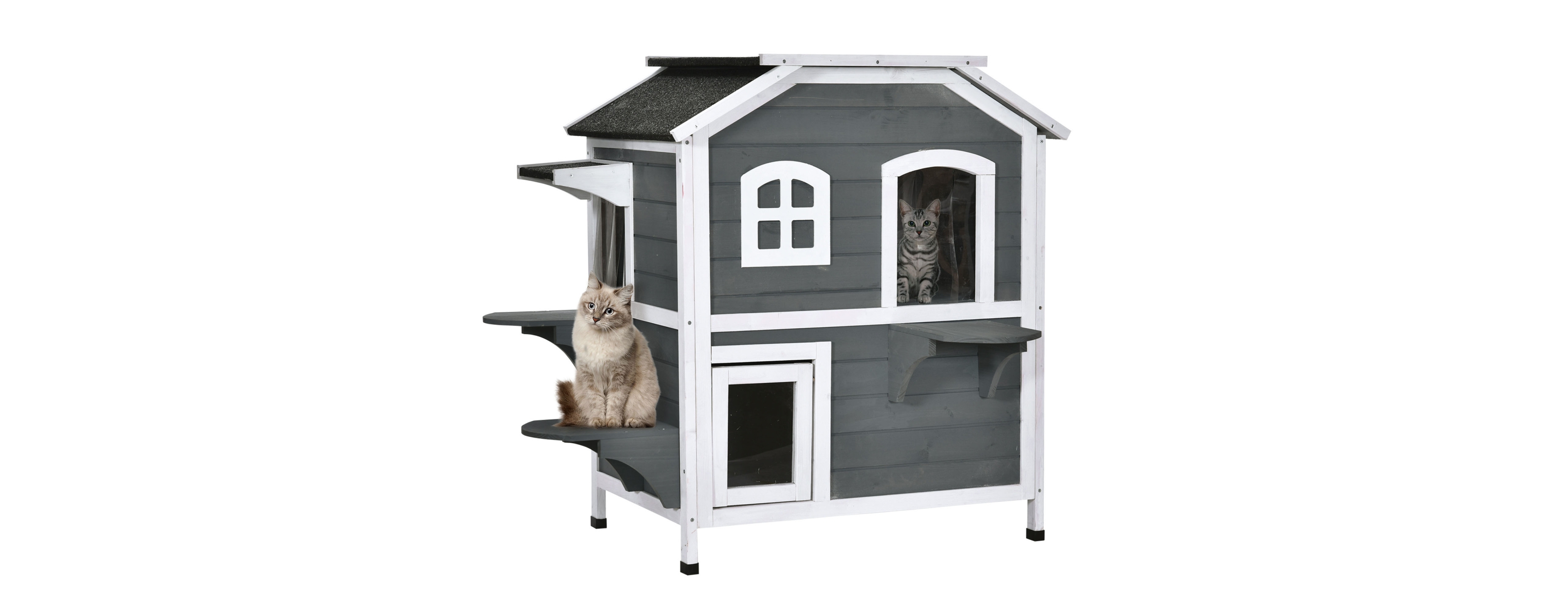 2-story Cat House Outdoor, Weatherproof Wooden Cat Enclosure for Feral Cats with Escape Door, Openable Roof, Jumping Platforms, Gray