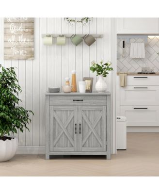 Farmhouse Sideboard Buffet Cabinet, Barn Door Coffee Bar Cabinet with Drawer and Adjustable Shelf, Kitchen Cabinet for Living Room, Entryway, Stone Gray