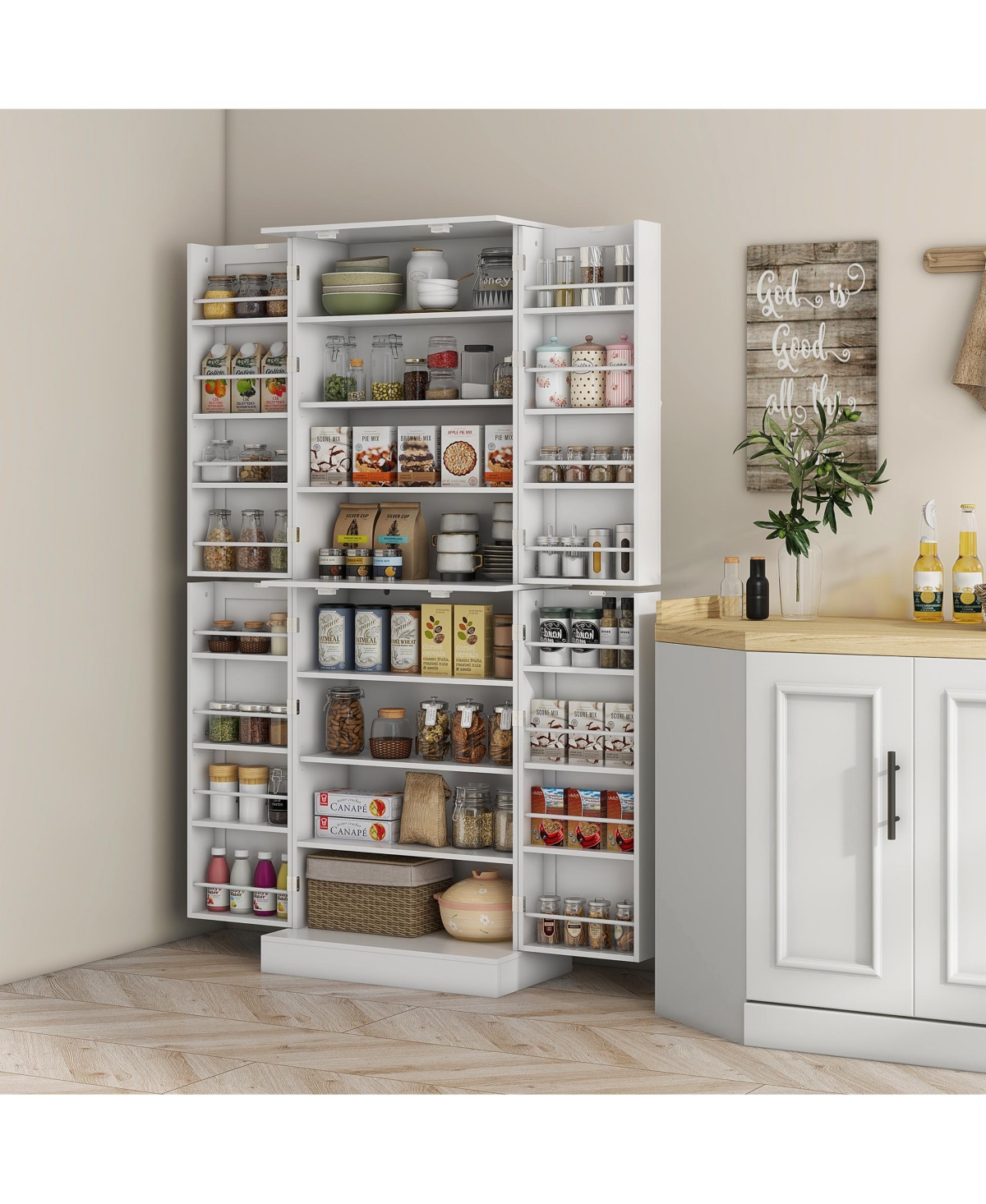 65" Kitchen Pantry Cabinet, Modern Storage Cabinet with Doors and Shelves, Freestanding Cupboard for Dining Room, White