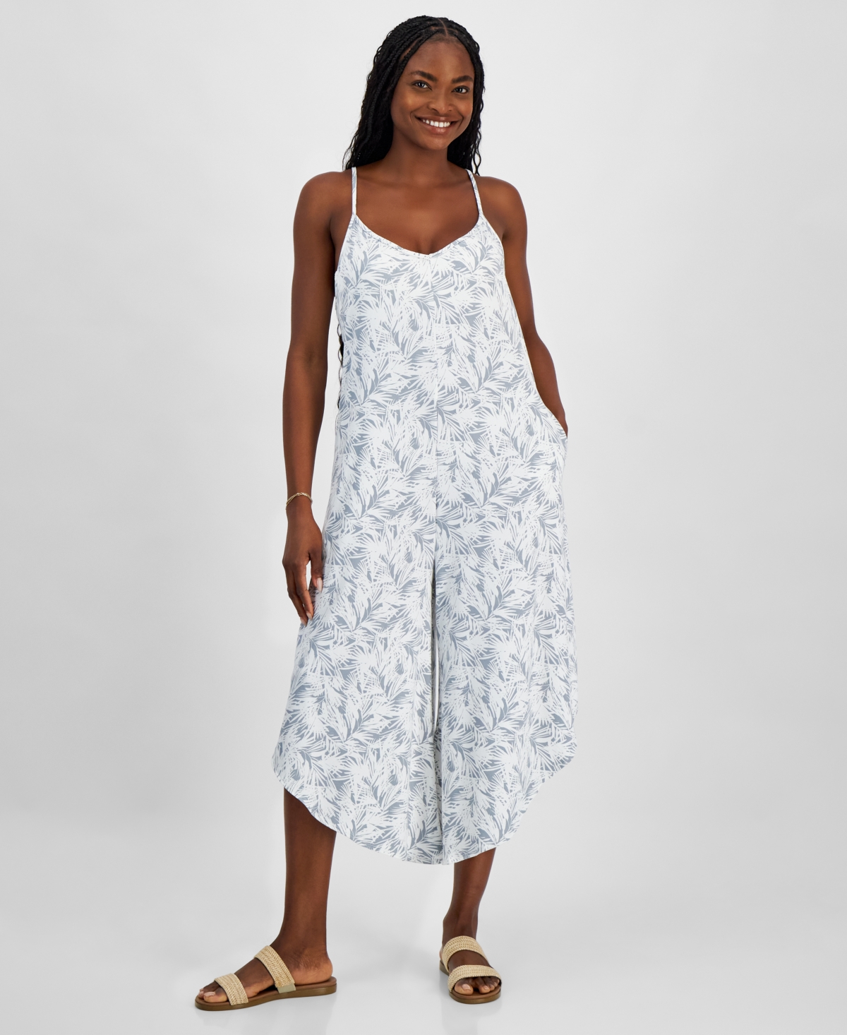 Women's Scoop-Neck Sleeveless Swim Cover-Up Jumpsuit - Gray/White