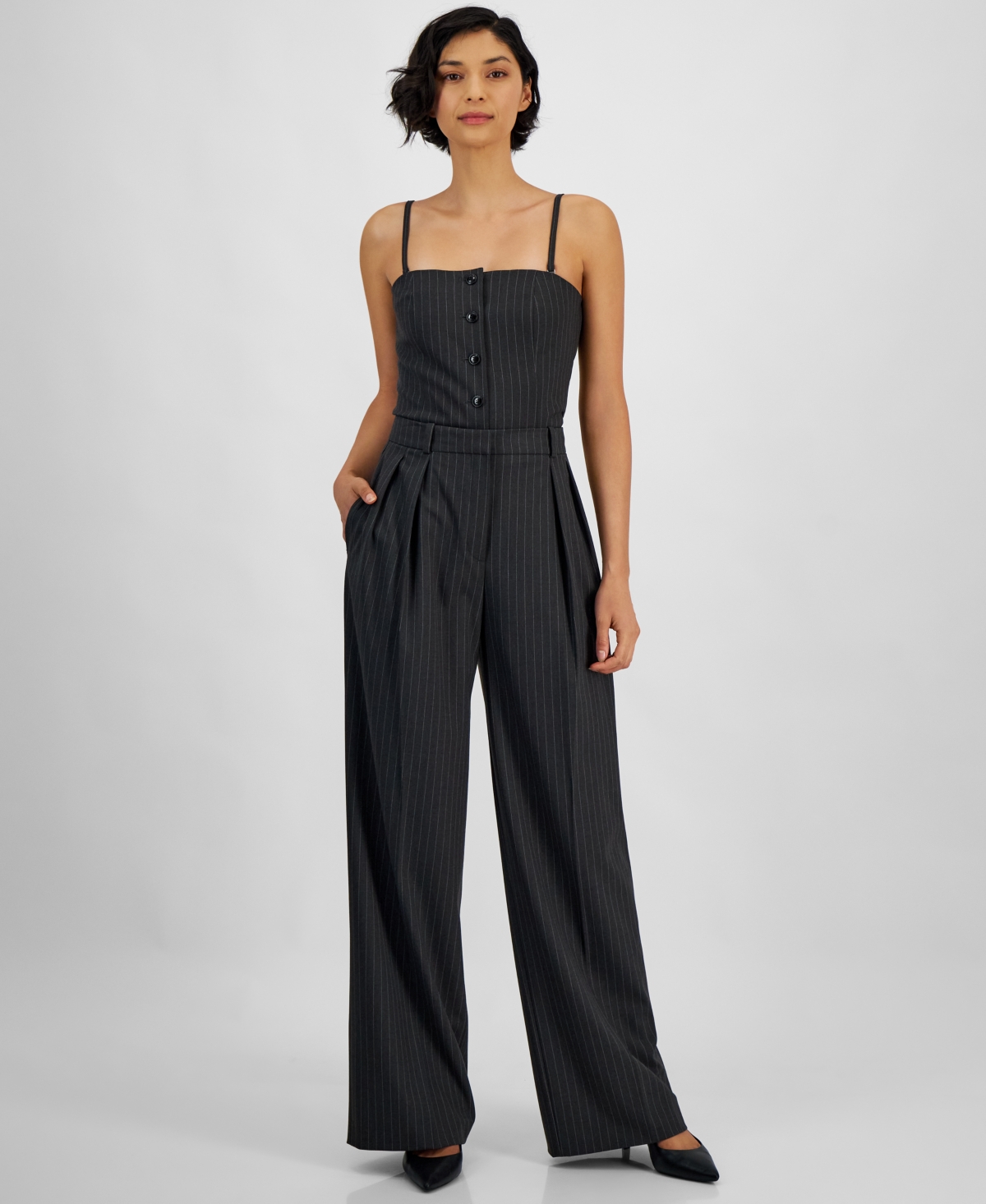Women's Pinstriped Pleated Wide-Leg Trousers - Open Misc