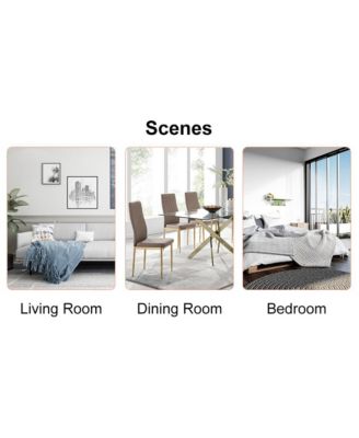 Table and chair set.A morden table with White imitation marble patterned stone burning tabletop with golden metal legs.Paired with 4 chairs with PU leather backrest and black metal legs.