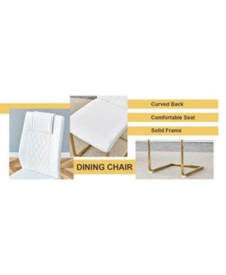 Table and chair set.A Modern Minimalist Style Round Clear Tempered Glass Table with Metal Legs.Paired with white chairs with Modern PU Leather High Back Upholstered and C-Tube Golden Legs.