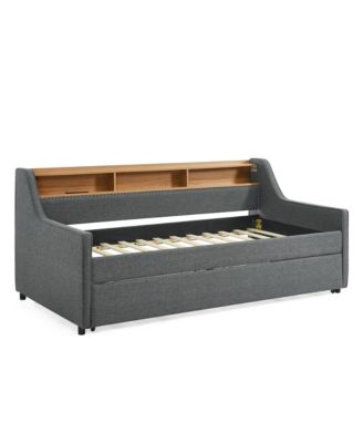 Twin Size Upholstery Sofa Bed with Three LED lights, with Storage Adjustable Headboard, with Foldable Leg Pull up Trundle Bed and Wireless Charging, Linen Padded Sofa Bed frame, Grey