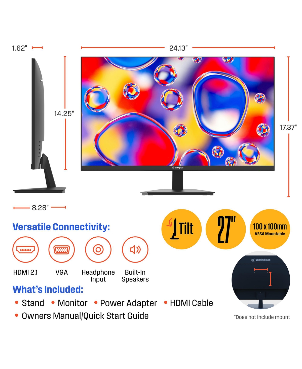 Westinghouse 27 Inch Computer Monitor, 100Hz, 1080p Full Hd Ips Display, Adaptive Sync, Blue Light Protection, Home Office Pc Monitor with Built-in Sp
