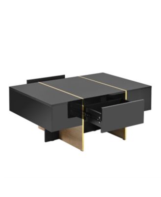 47" Glossy Coffee Table with Drawers, Golden Legs, Black