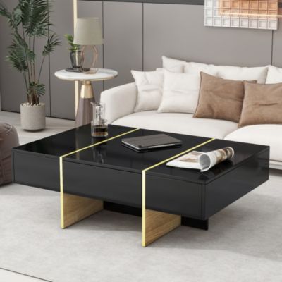 47" Glossy Coffee Table with Drawers, Golden Legs, Black