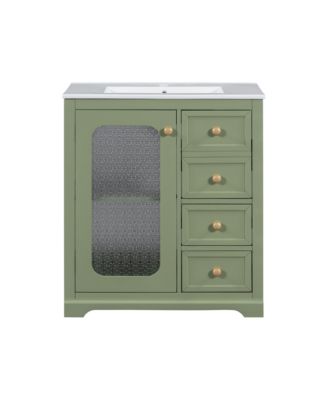 30-inch bathroom vanity with a soft close glass door, adjustable shelves, and three drawers