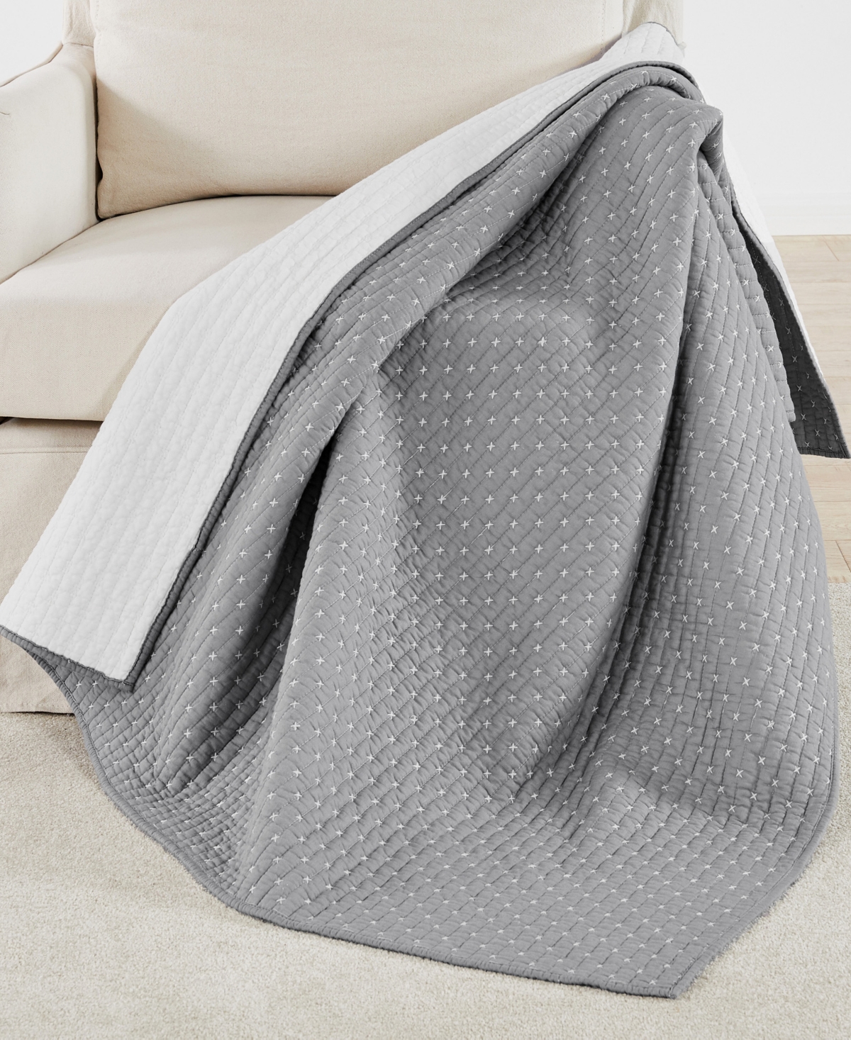 Levtex Cross Stitch Reversible Quilted Throw, 50" X 60" In Grey
