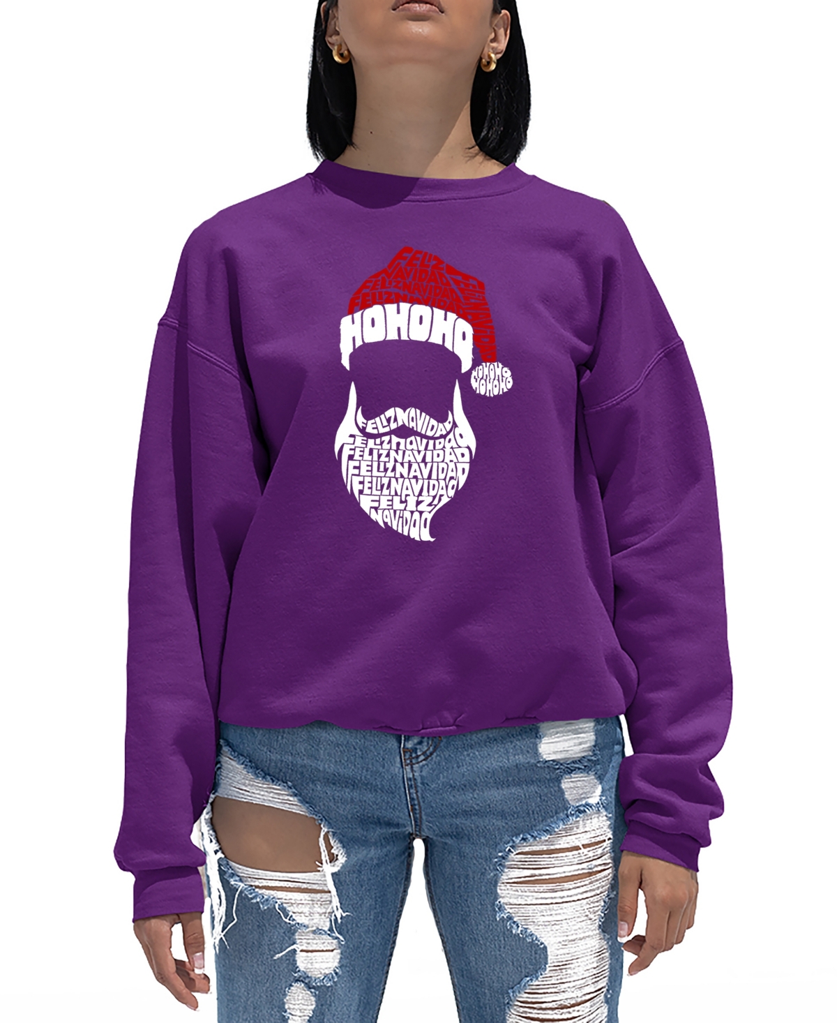 LA POP ART WOMEN'S FELIZ NAVIDAD SANTA CLAUS WORD ART CREWNECK SWEATSHIRT 