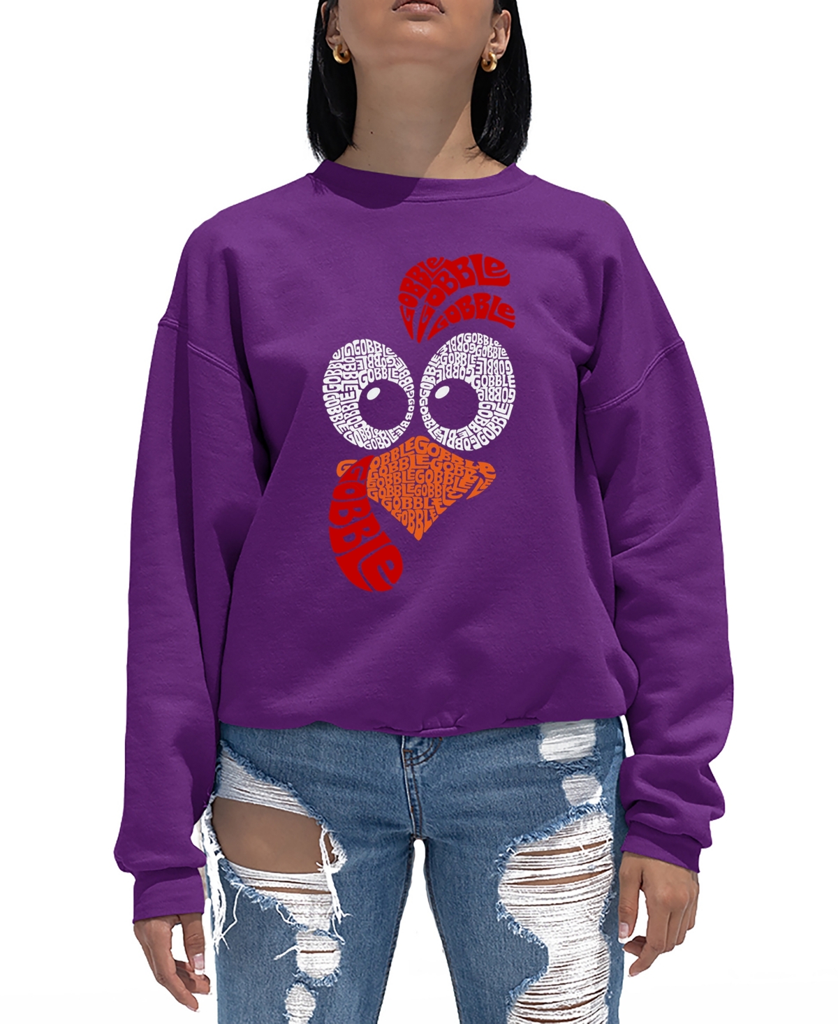 LA POP ART WOMEN'S TURKEY FACE WORD ART CREWNECK SWEATSHIRT 