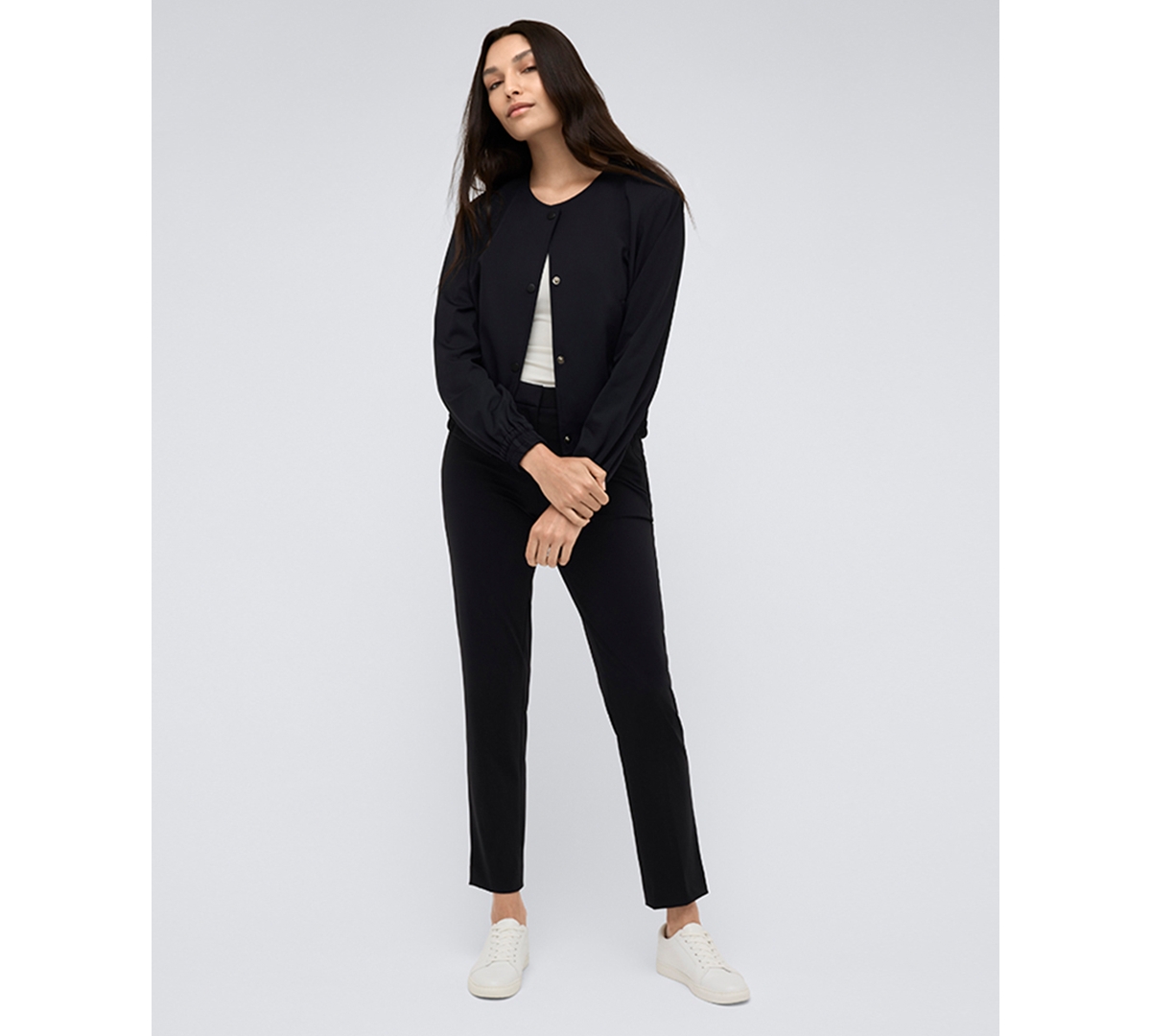 Shop Kenneth Cole Women's Collarless Athletic Stretch Bomber Jacket In Black