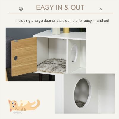 Wooden Cat House with Soft Cushion, Decorative Kitten Condo Side Table, Elevated Pet House with Storage Space