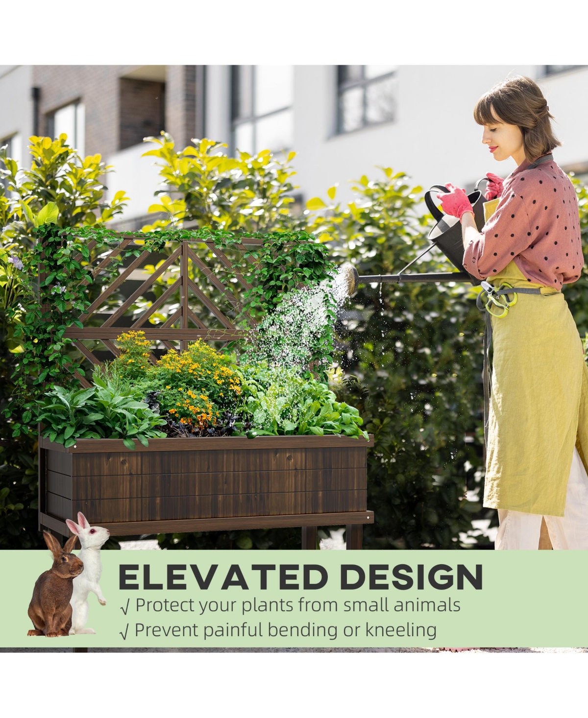 Streamdale Furniture Raised Garden Bed with Trellis for Climbing Plants, Vegetable, Grape Vines, Wood Planter with Legs, Drainage Holes and Filter for