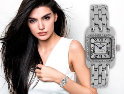 Women's  24mm Silver Tank Panther Link Bracelet Watch