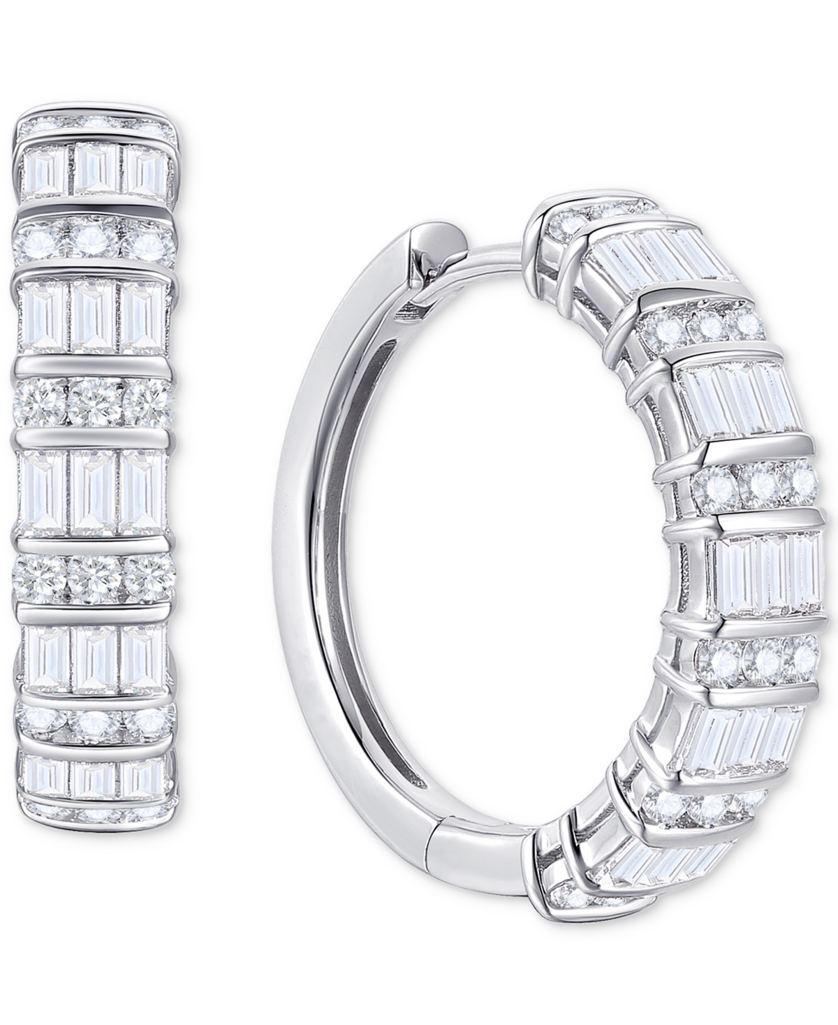 Macy's Diamond Round & Baguette Hoop Earrings (1 Ct. T.w.) In 10k White Gold In White Gold