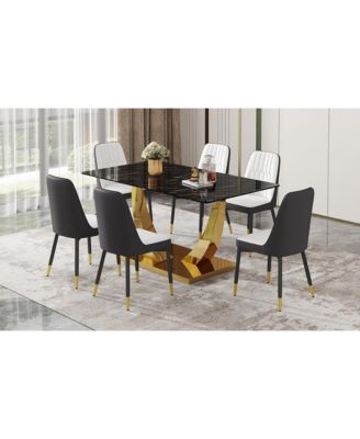 Table and chair set.Modern rectangular dining table with black textured stickers glass tabletop and gold plated metal legs.Paired with 6 comfortable chairs with PU seats and black metal legs.