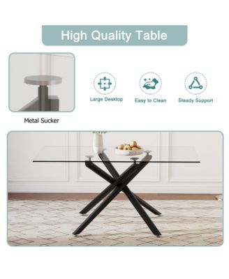 Table and chair set.Modern Rectangular Glass Dining Table with 0.39" tempered Glass Tabletop and Black Metal Legs.Paired with multiple chairs designed with PU cushions and black metal legs.