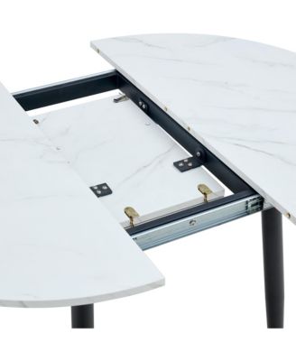 Table and chair set.Modern Extendable MDF Dining Table.The table has a telescopic design, suitable for gatherings of different size.Paired with 6 chairs with PU cushions and black metal legs.