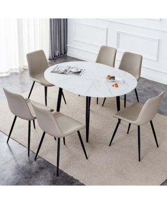 Table and chair set.Modern Extendable MDF Dining Table.The table has a telescopic design, suitable for gatherings of different size.Paired with 6 chairs with PU cushions and black metal legs.