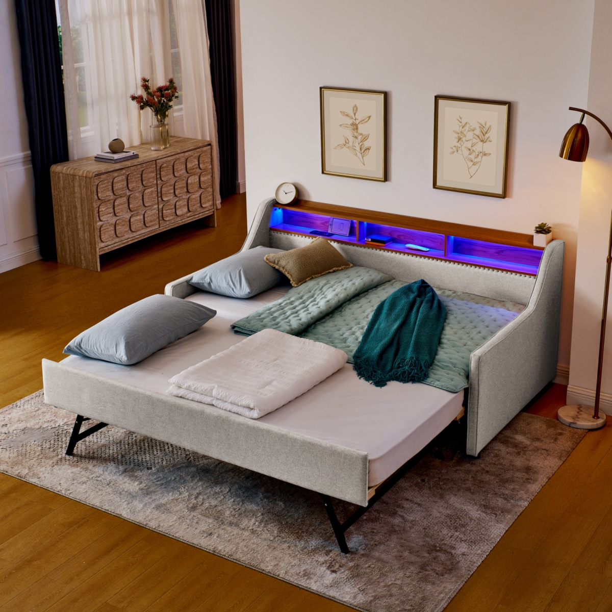 Streamdale Furniture Twin Size Upholstery Sofa Bed with Three Led lights, with Storage Adjustable Headboard, with Foldable Leg Pull up Trundle Bed and