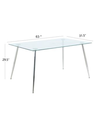 Modern simple rectangular glass dining table, solid tempered glass tabletop, electroplated table legs, light yellow PU dining chair set, suitable for restaurant kitchen use (set of 5)