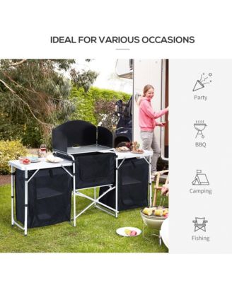 Aluminum Portable Camping Kitchen Fold-Up Cooking Table With Windscreen and 3 Enclosed Cupboards for BBQ, Party, Picnics, Backyards