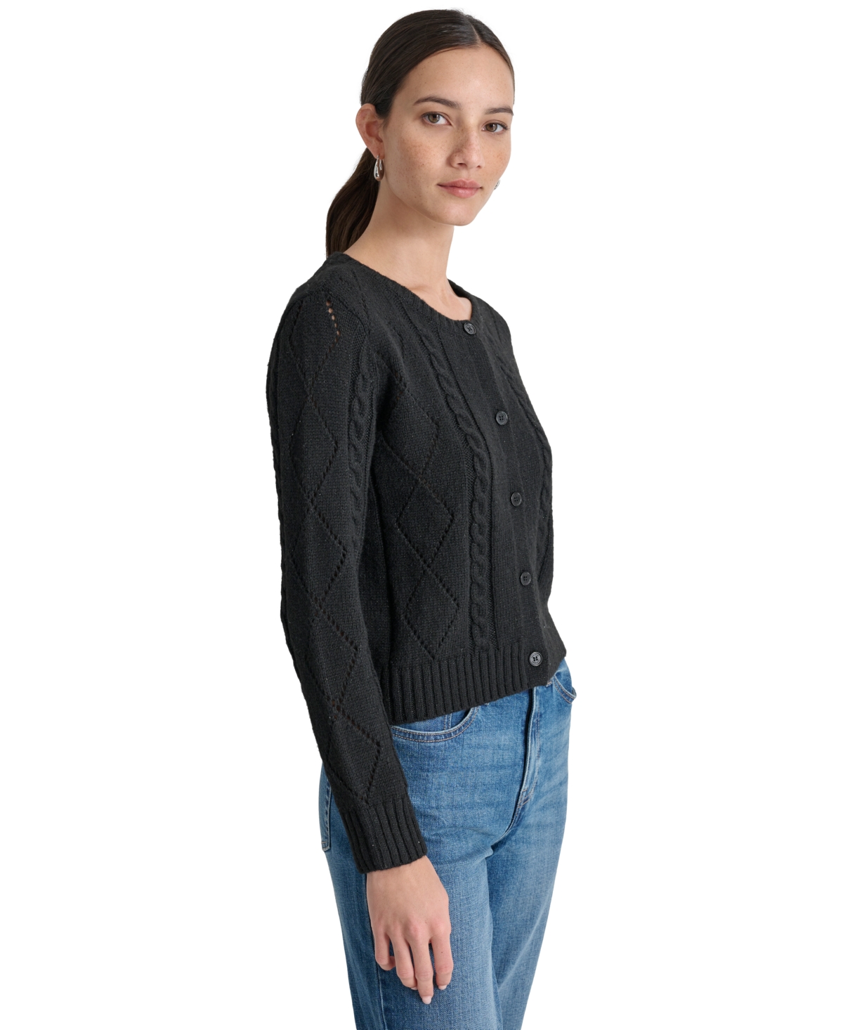 Dkny Jeans Women's Diamond Pointelle Long-Sleeve Cardigan -ANTIQUE BLACK