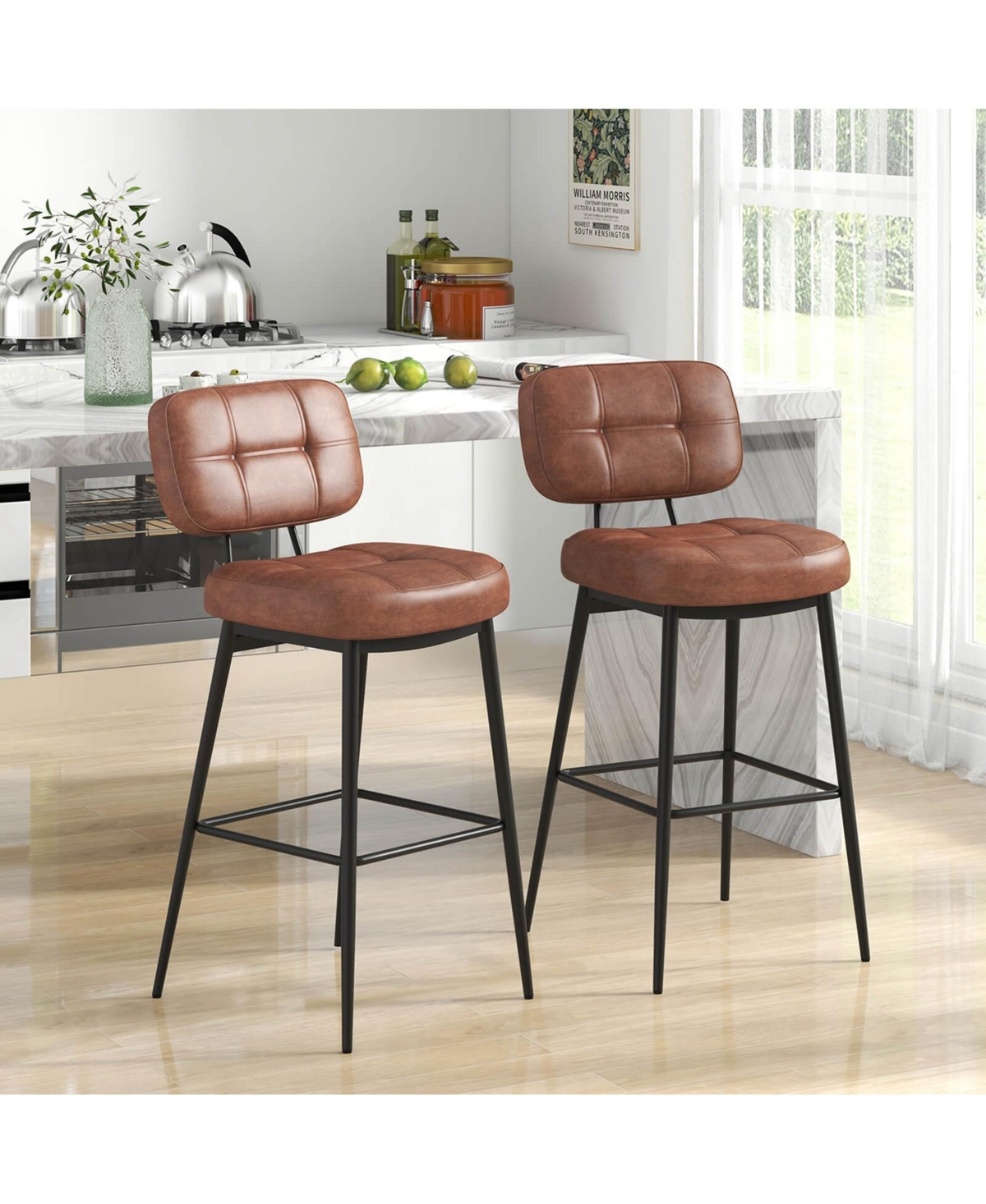 Costway Set of 2 Bar Stools with Padded Seat Footrest & Metal Legs Pu Leather for Kitchen