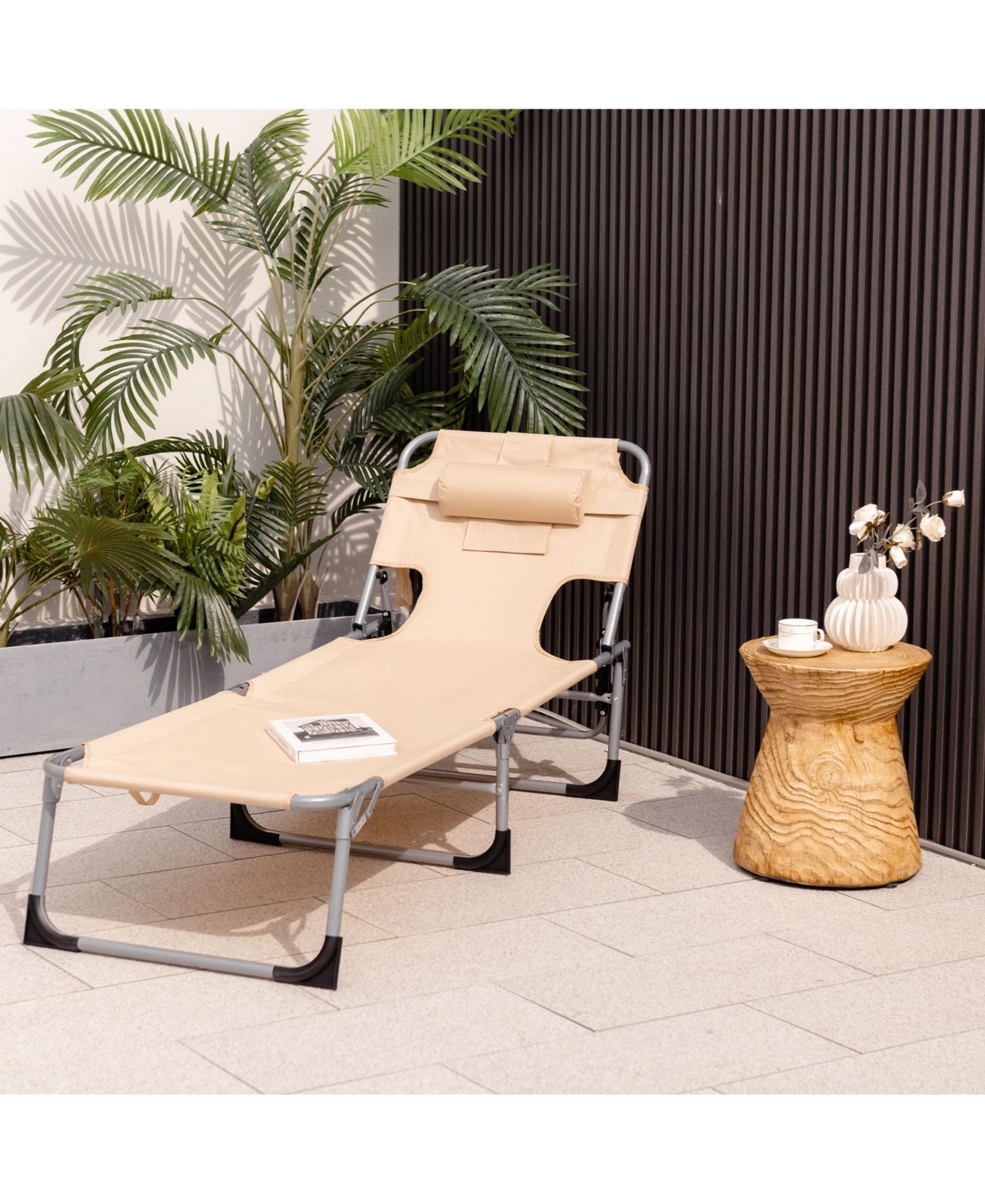 Inolait Folding Beach Lounge Chair with Pillow for Outdoor -khaki