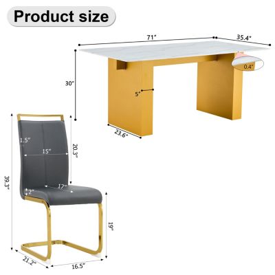 Simplie Fun Table and chair set.Large modern rectangular table with 0.4 inch patterned glass tabletop and large MDF table legs.Comes with 6 chairs with faux leather cushioned seats and golden metal legs