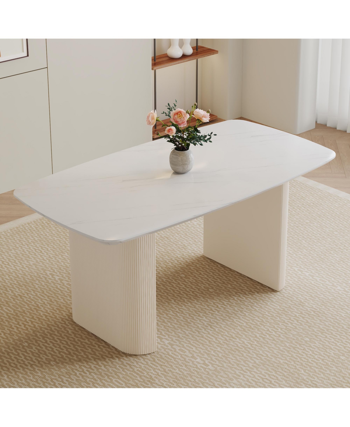 Streamdale Furniture Cream style Mdfdining table.It is a furniture with a warm and soft appearance, suitable for creating a comfortable and fri