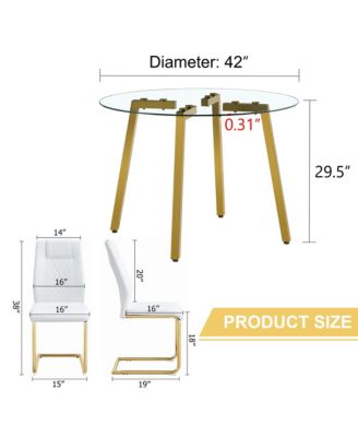 Table and chair set.A Modern Minimalist Style Round Clear Tempered Glass Table with Metal Legs.Paired with white chairs with Modern PU Leather High Back Upholstered and C-Tube Golden Legs.