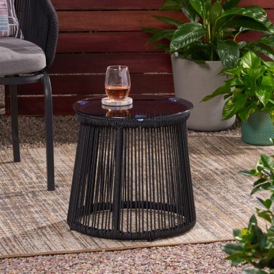 Streamdale Modern Moonstone Rope-Wrapped Side Table With Tempered Glass Top