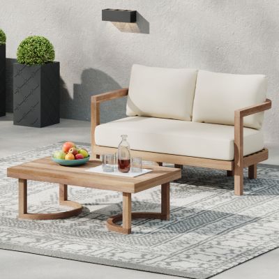 2 - Person Outdoor Acacia Wood Patio Seating Group With Cushions And Coffee Table For Porch, Garden, Backyard, Balcony, Brown Wash, Beige Cushion