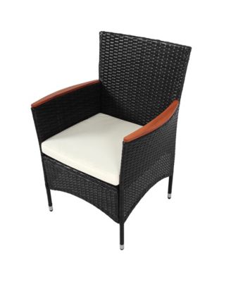 7-Piece Outdoor Patio Dining Set, Garden PE Rattan Wicker Dining Table and Chairs Set, Acacia Wood Tabletop, Stackable Armrest Chairs with Cushions, Reddish-brown