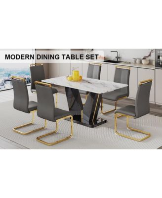 Table and chair set, white imitation marble texture glass tabletop, black MDF table legs, stable and beautiful. Modern simple dining table, comfortable seating.