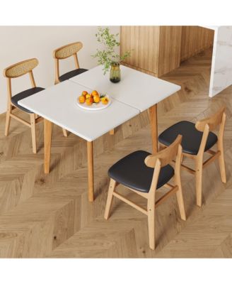 Table and chair set. White sintered stone tabletop, rubberwood legs, foldable computer desk, foldable desk. Solid wood dining chair with small curved backrest and PU cushions. ZD-1545 DX-2361