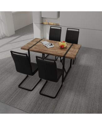 55" Rural Industrial Rectangular MDF Dark Wood Dining Table Set and PU Armless Dining Chair Set 4, Kitchen Black Metal Table Leg Dining Chair Set