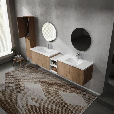 2-Pc Plywood 84" Wall-Mounted Bathroom Vanity with Resin Sink, Soft-Close Doors & Side Cabinet